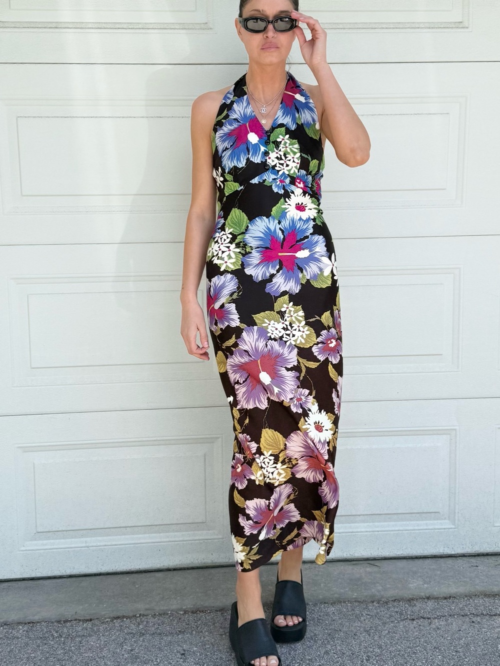 Vintage Floral Halter Maxi Dress Darkest Brown Blue White Purple Blooms M/L